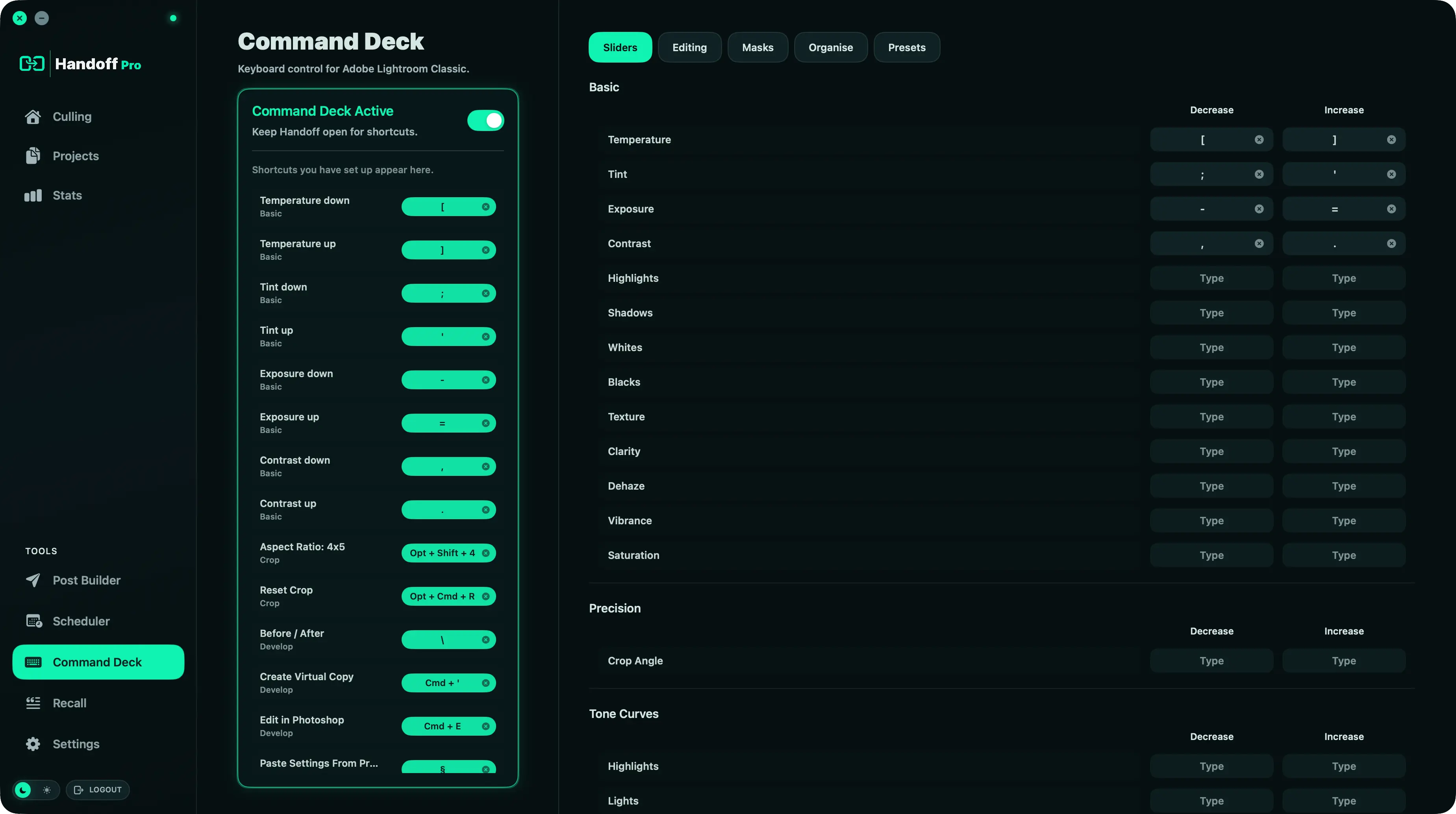 Handoff Pro Command Deck shortcuts screen