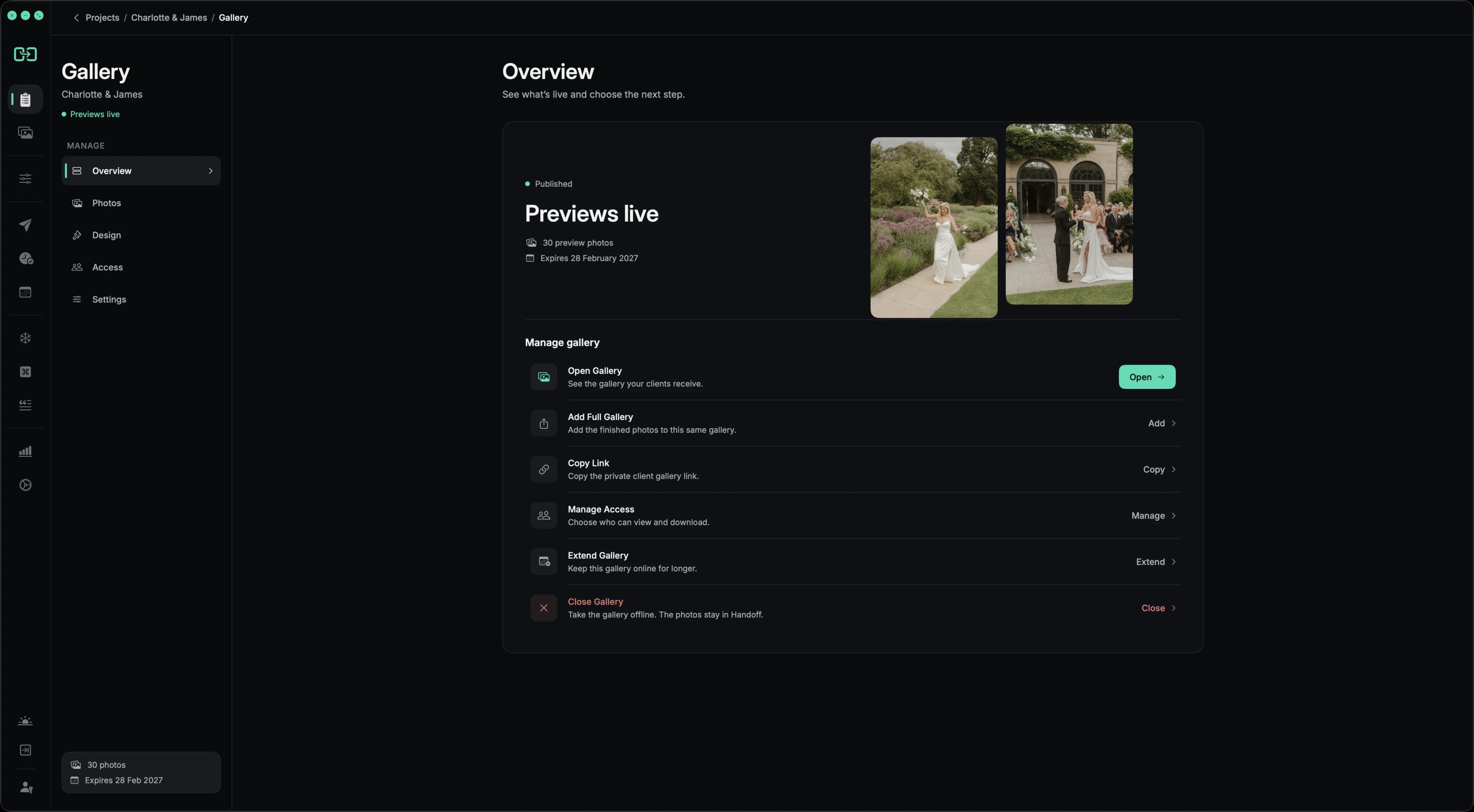 Handoff Pro Gallery overview showing a live preview gallery for Charlotte & James