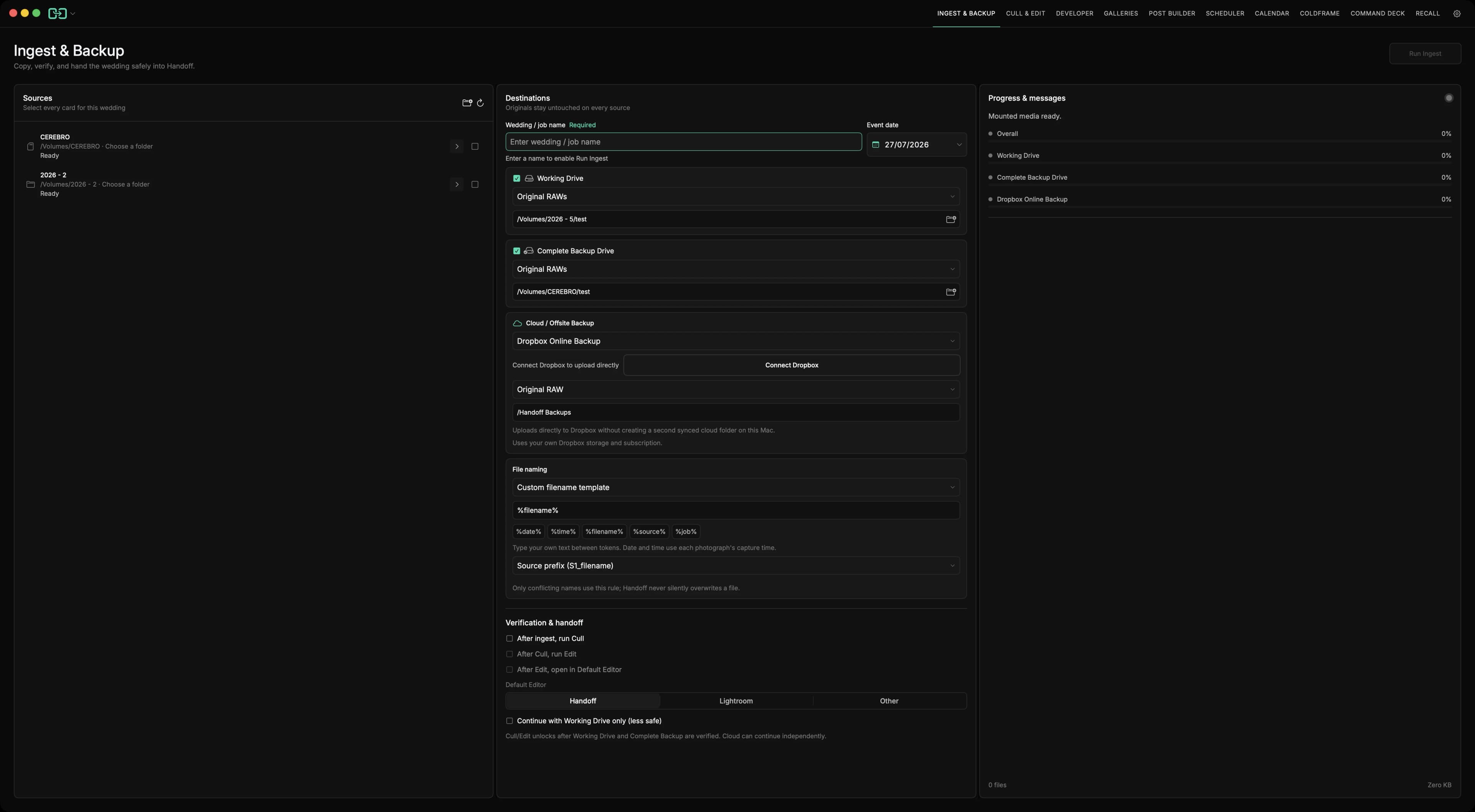 Handoff Pro Ingest and Backup workspace