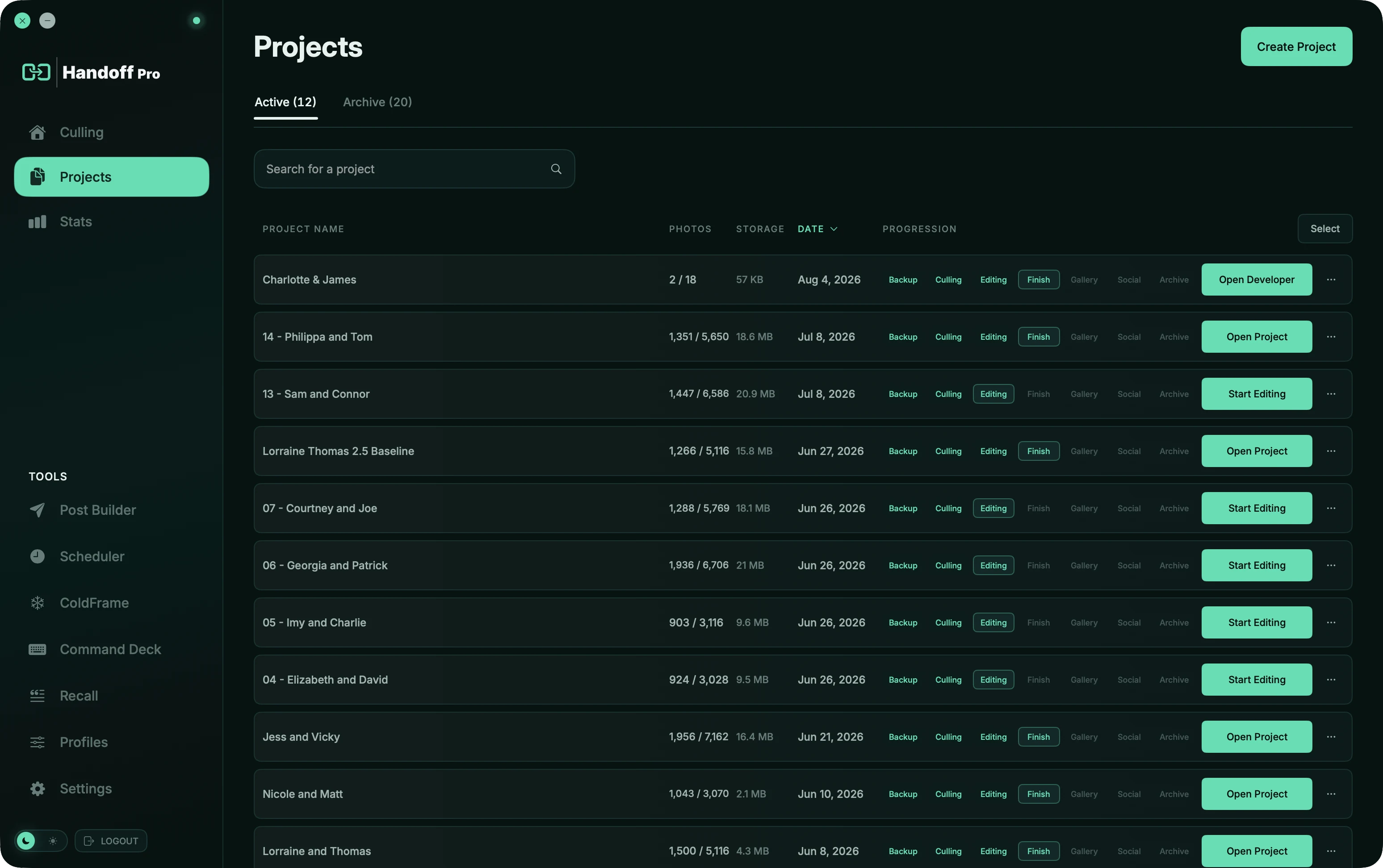 Handoff Pro Projects workspace after returning to the July interface direction