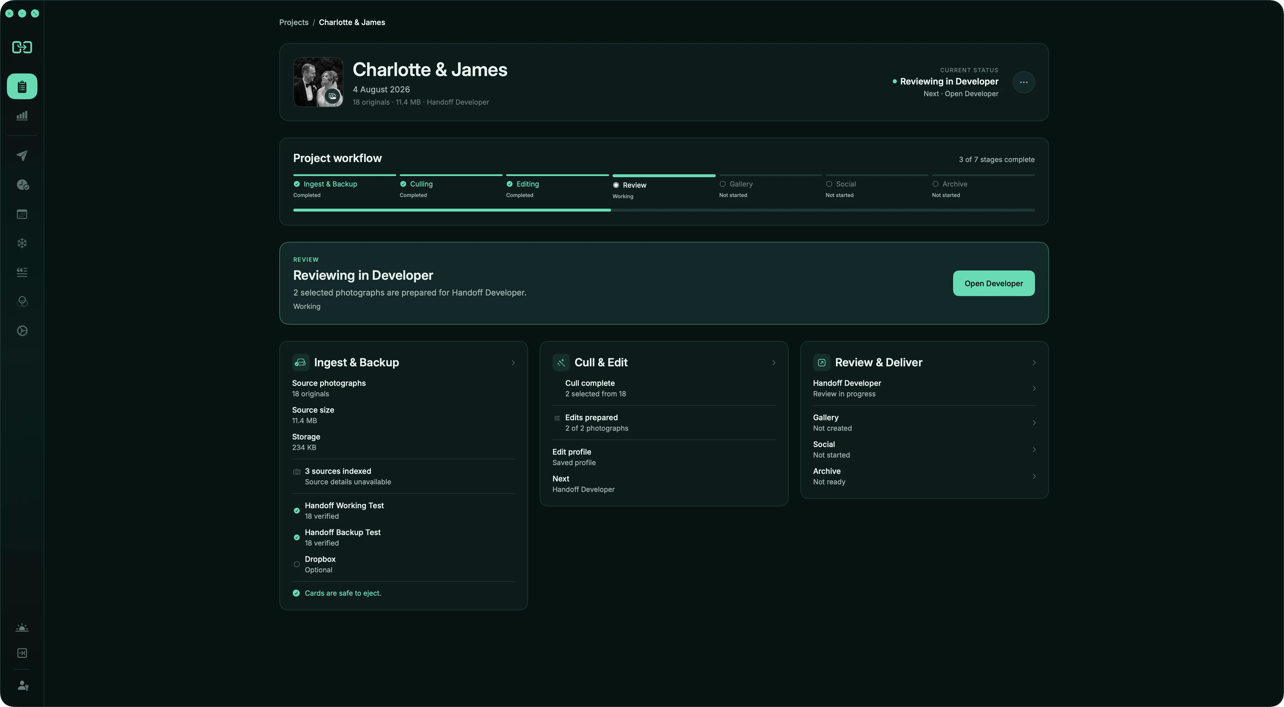 Handoff Pro project dashboard reviewing a wedding in Developer