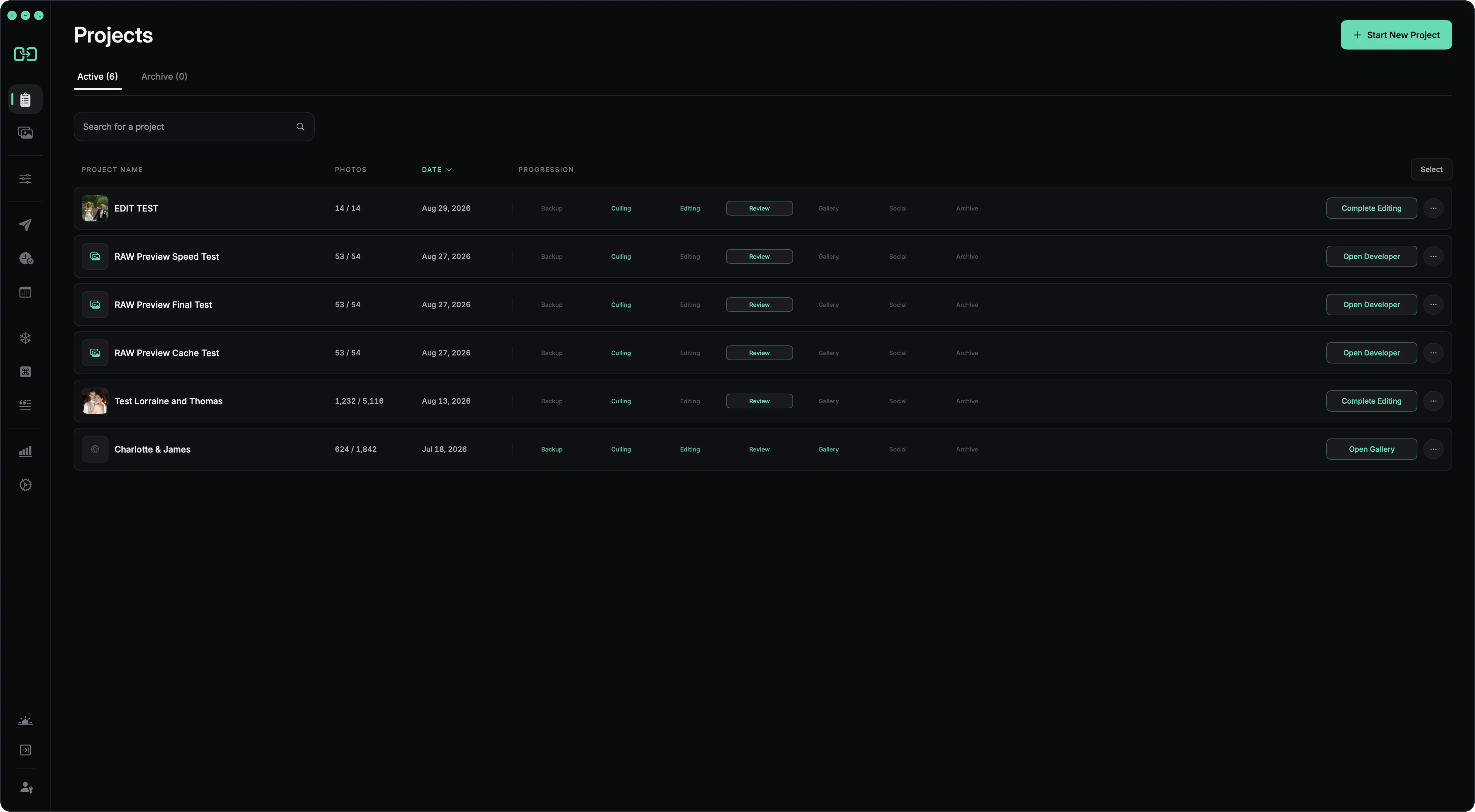 Handoff Pro Projects showing wedding rows, workflow stages, and next actions