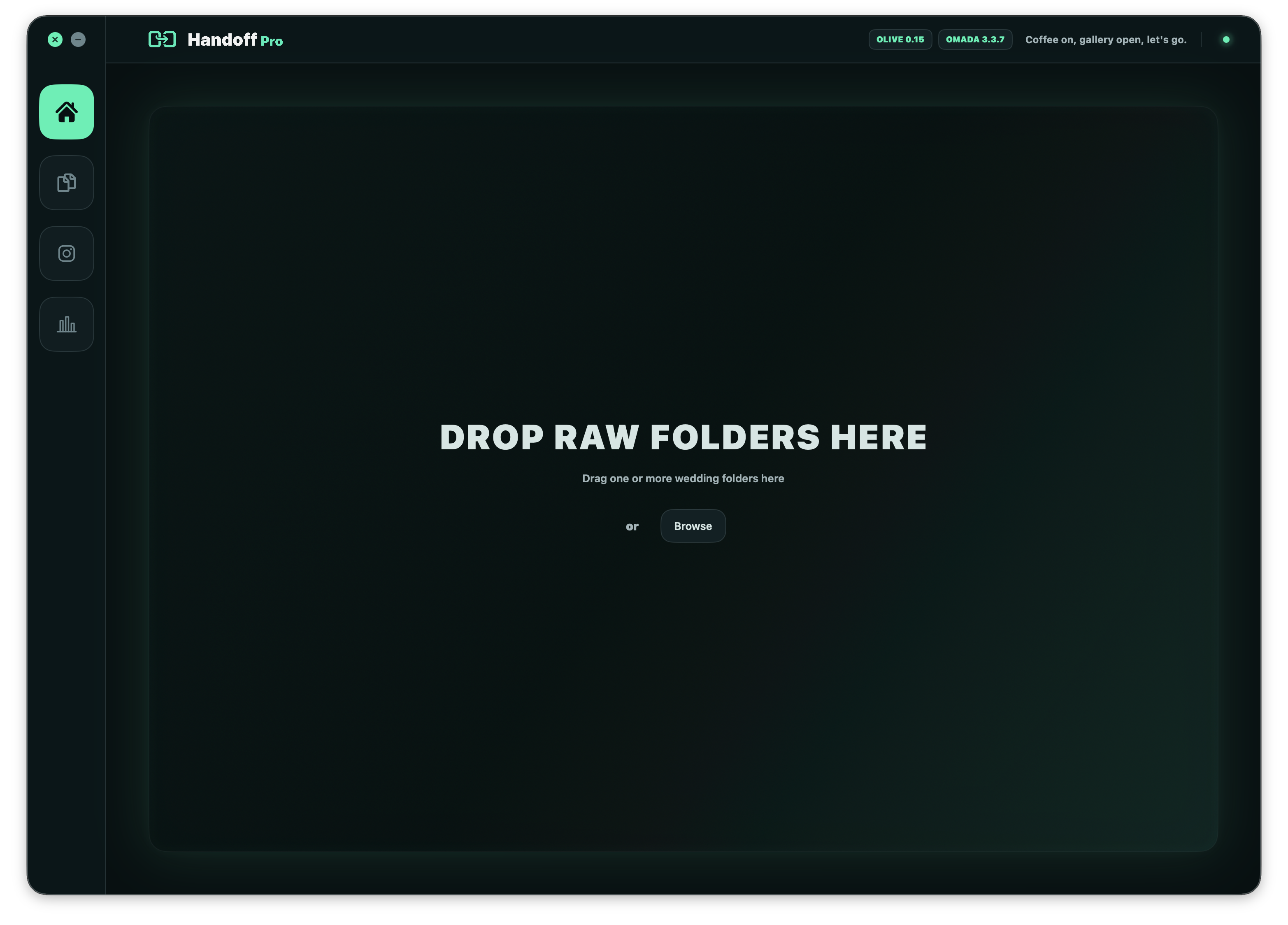 Handoff Pro dashboard showing the RAW folder drop area