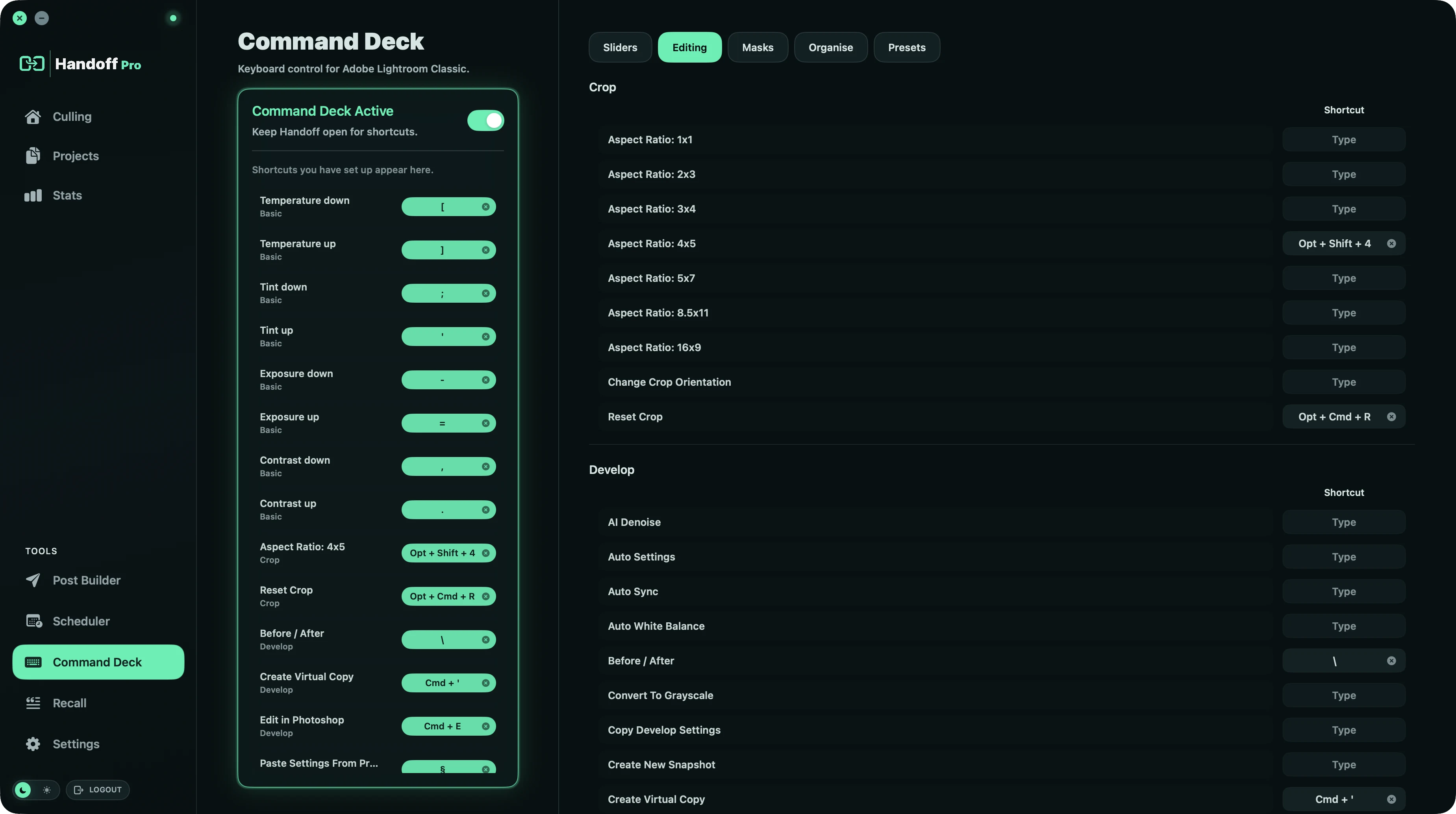 Handoff Pro Command Deck editing panel