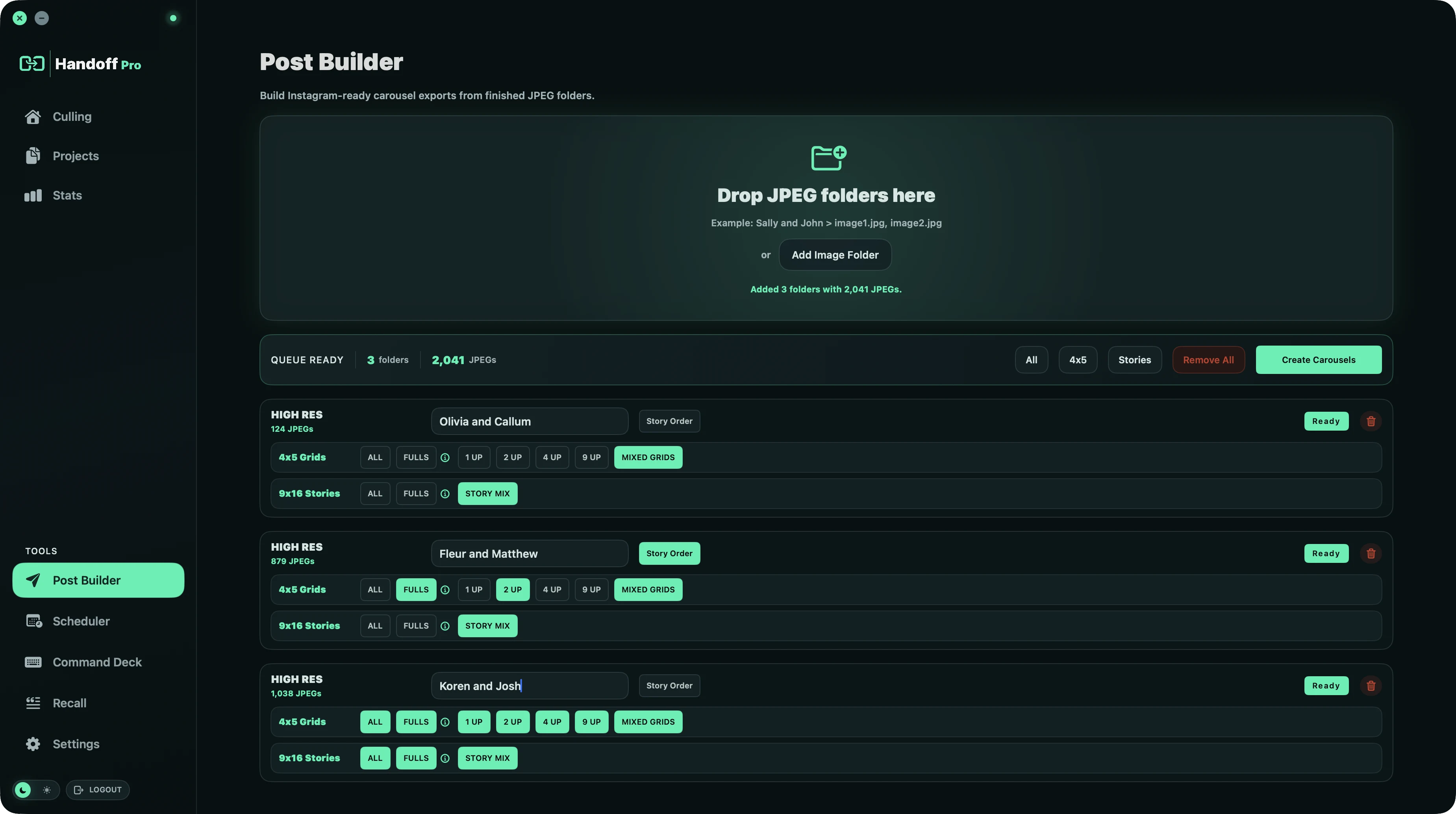 Handoff Pro Post Builder screen